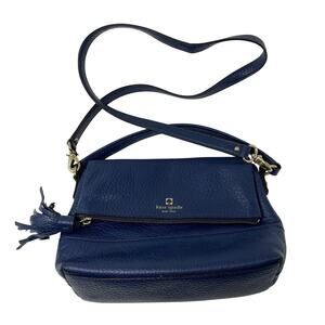 Kate Spade Cabble Hill Tassel Flap Crossbody Bag Navy Blue Pebbled Leather